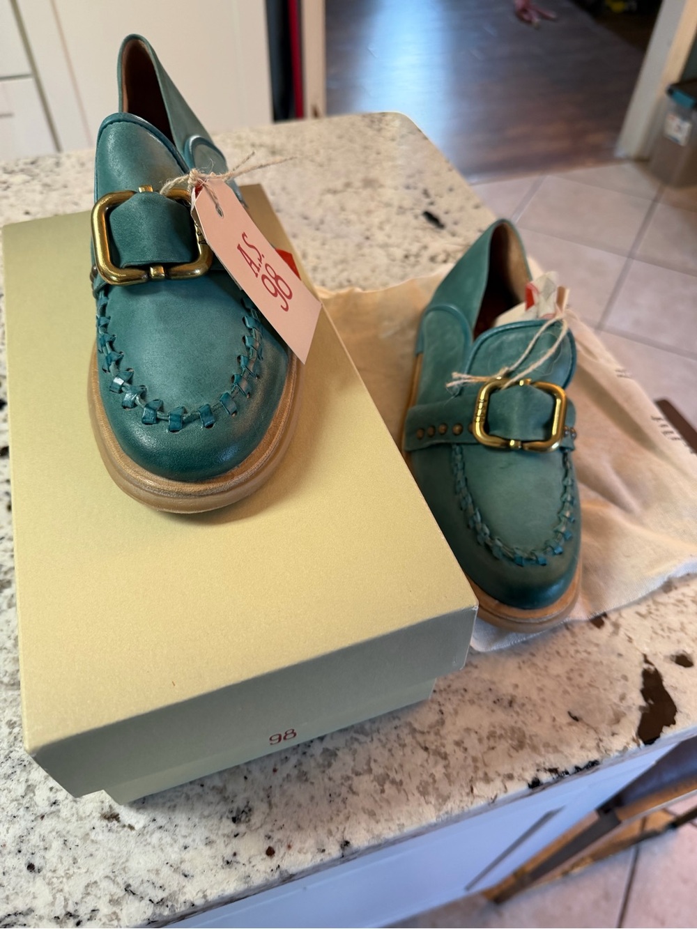 A.S.98 Emerald  Leather Loafers with Gold Buckle